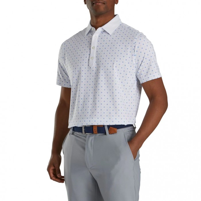 Camisas Footjoy Atléticos Fit Deco Print Self Collar Hombre Blancas Azul Real | ES1036728