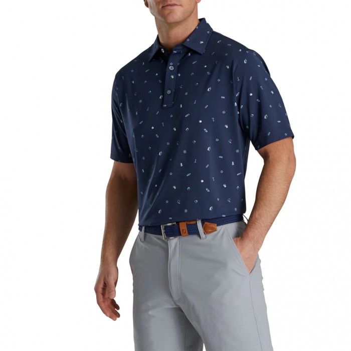 Camisas Footjoy Golf Doodle Print Lisle Self Collar Hombre Azul Marino | ES4157938