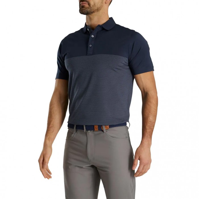 Camisas Footjoy Lisle Engineered Pin Stripe Self Collar Hombre Azul Marino Blancas | ES7230185