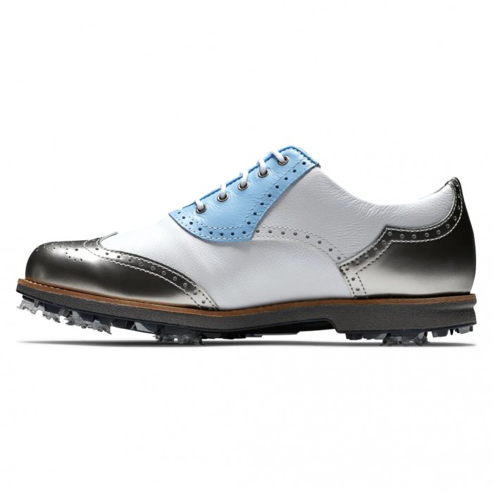 Zapatos Golf Con Pinchos Footjoy Premiere Series - Shield Tip Mujer Blancas Azules Claro Plateadas | ES1342658