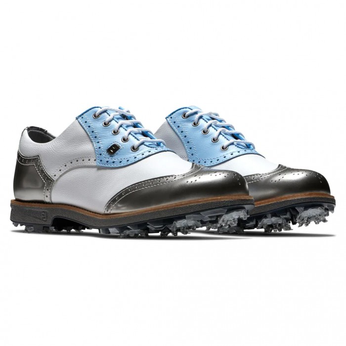 Zapatos Golf Con Pinchos Footjoy Premiere Series - Shield Tip Mujer Blancas Azules Claro Plateadas | ES1342658