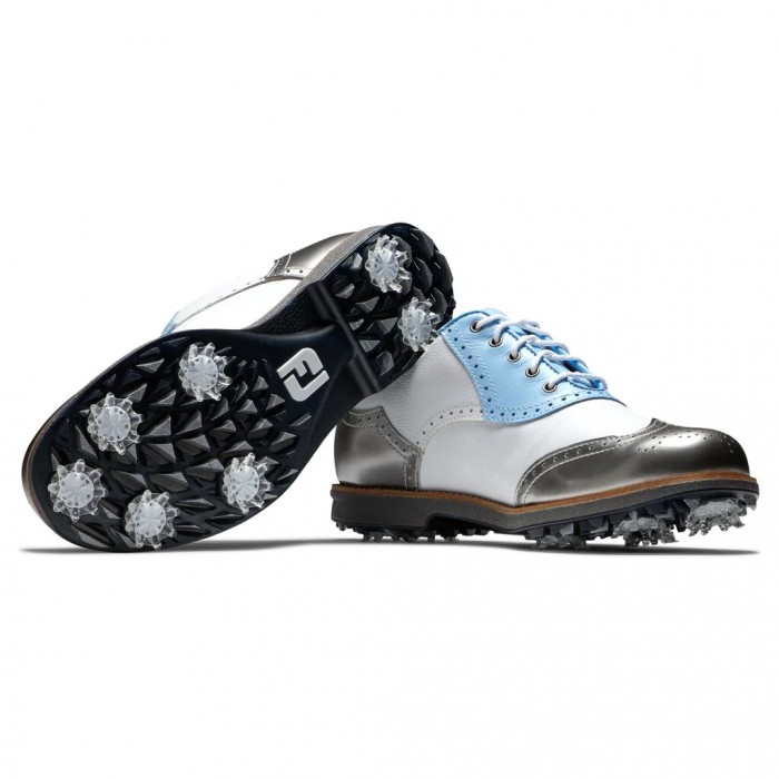 Zapatos Golf Con Pinchos Footjoy Premiere Series - Shield Tip Mujer Blancas Azules Claro Plateadas | ES1342658