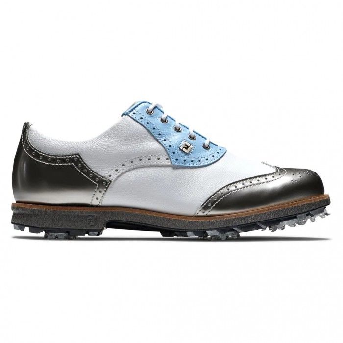 Zapatos Golf Con Pinchos Footjoy Premiere Series - Shield Tip Mujer Blancas Azules Claro Plateadas | ES1342658